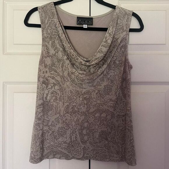 vintage 90s Alex Evenings tan & brown sparkly paisley cowl neck top size medium - Picture 2 of 7